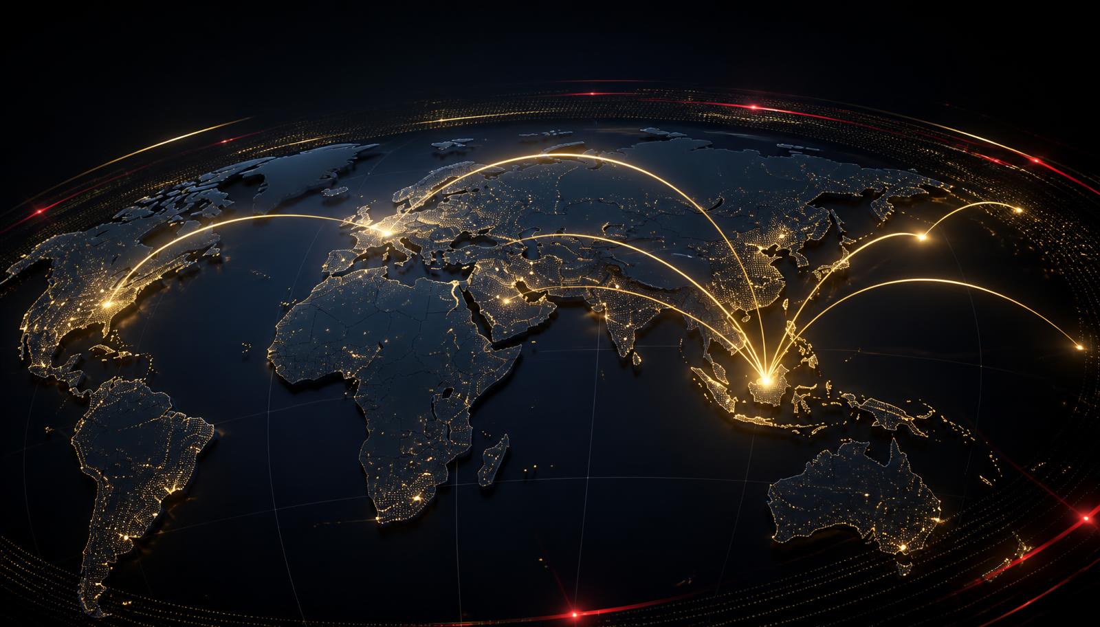 Global network of gold connection arcs linking Malaysia to international markets