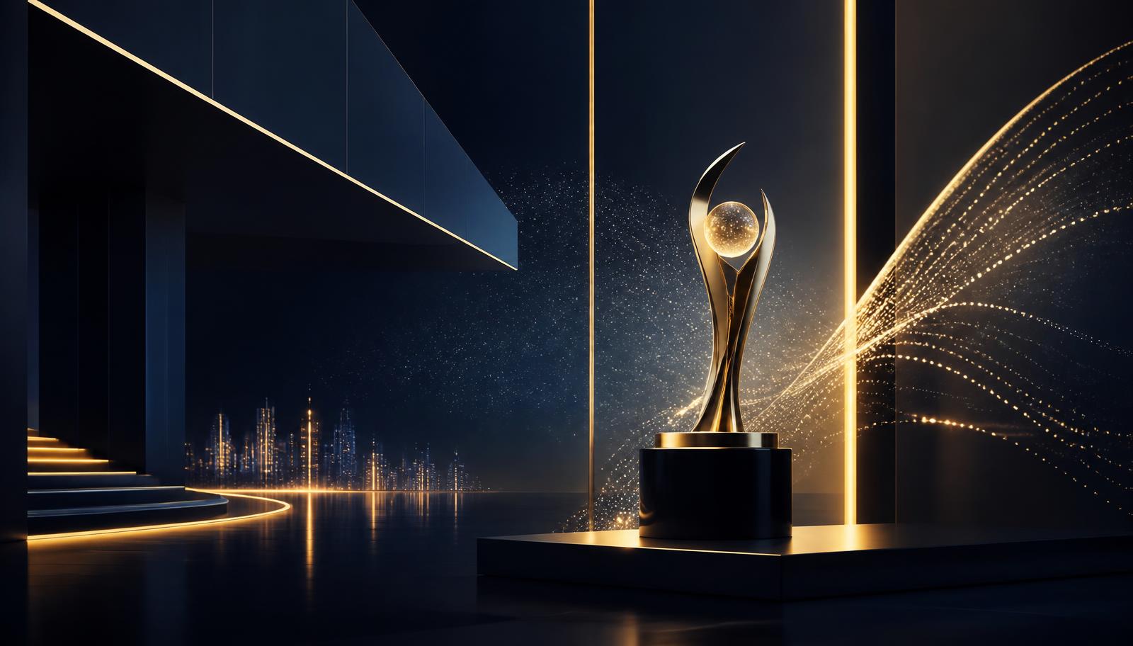 Gold award form in a minimalist dark interior representing creative innovation and leadership